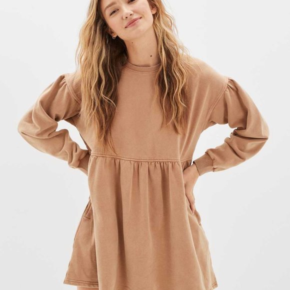 American Eagle Long-Sleeve Fleece Babydoll Mini Sweater Dress - Picture 1 of 3